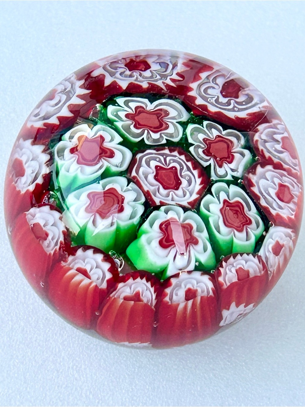 Vibrant Millefiori Glass Paperweight - Red & Green Floral Cane
